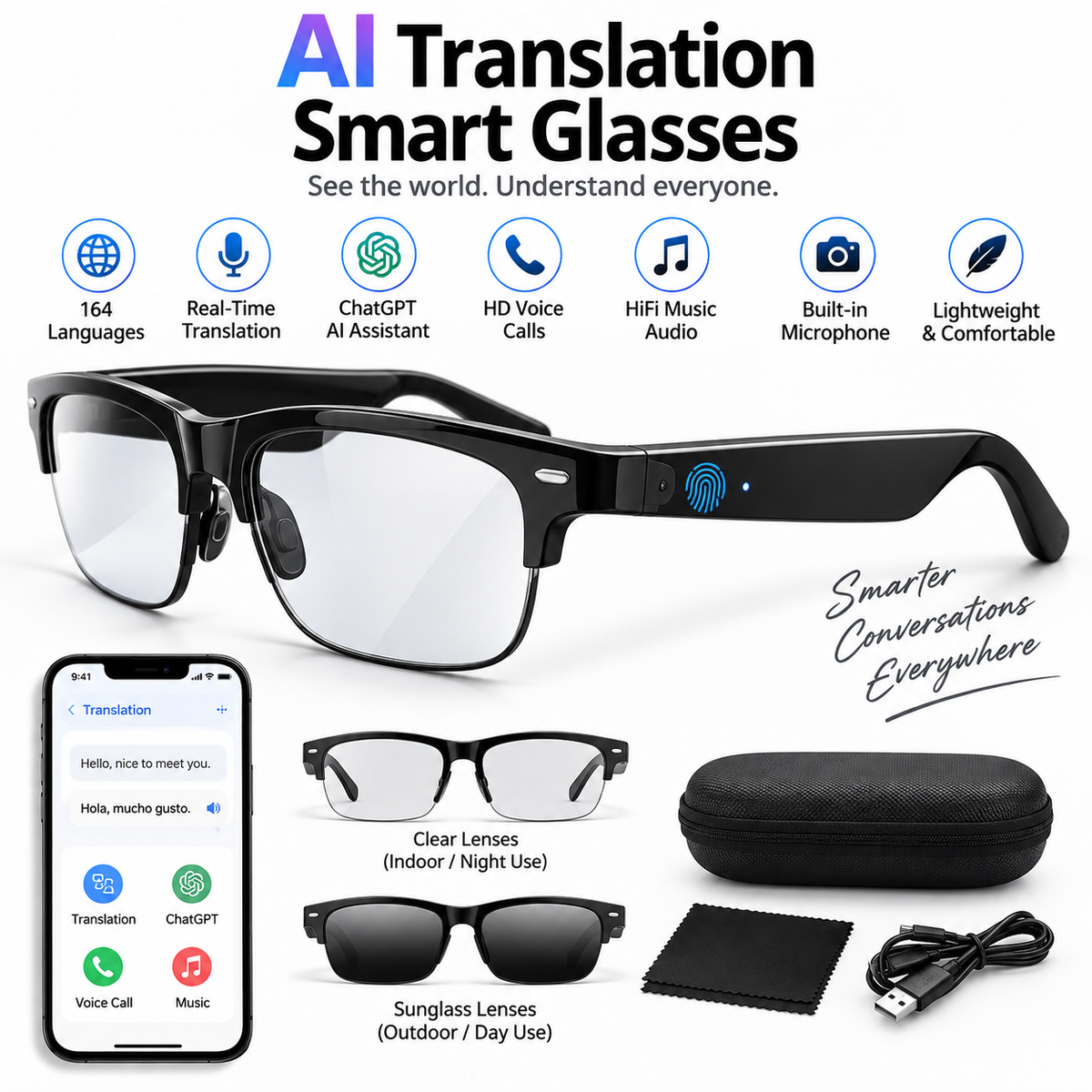 AI Translation Smart Glasses – 160+ Languages & Hands-Free Audio