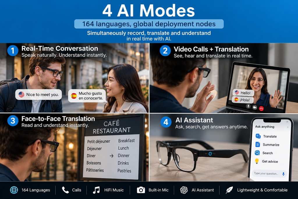 AI Translation Smart Glasses – 160+ Languages & Hands-Free Audio