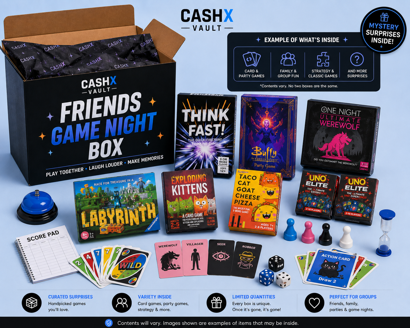 Friends Game Night Mystery Box – Party, Card & Board Games | CASHX Vault